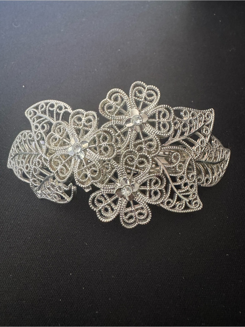 Vintage Silver Tone Floral Filigree Hair Clip with Clear Crystal Centers